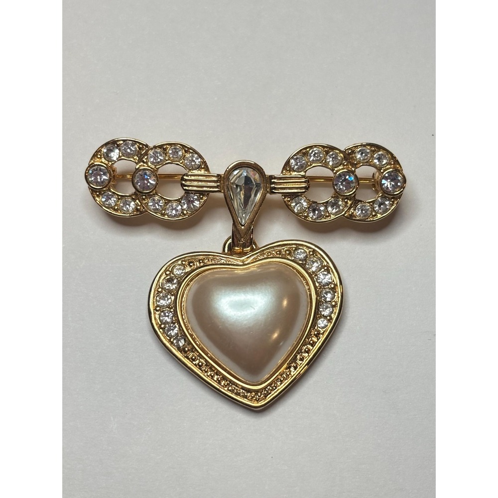 Vintage Richelieu Gold Tone Heart Brooch with Faux Pearl and Rhinestones